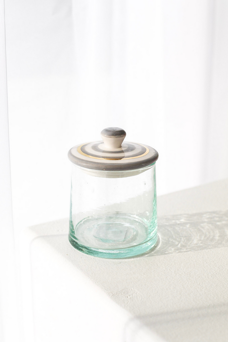 MARRAKECH ROUND GLASS BOX WITH CERAMIC LID STRIPED GREY - Luxe B Pampas Grass  Canada , ships via Canada Post from Edmonton 