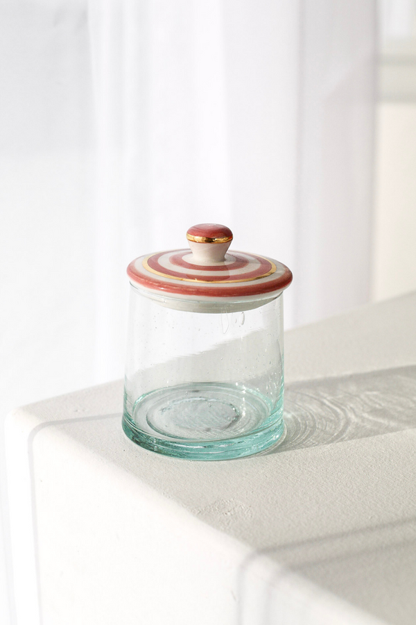 MARRAKECH ROUND GLASS WITH CERAMIC LID STRIPED PINK GOLD - Luxe B Pampas Grass  Canada , ships via Canada Post from Edmonton 