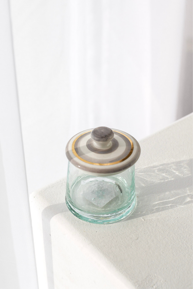 MARRAKECH ROUND GLASS BOX WITH CERAMIC LID STRIPED GREY - Luxe B Pampas Grass  Canada , ships via Canada Post from Edmonton 